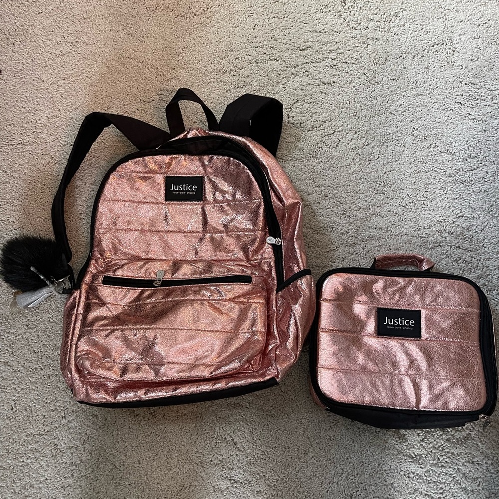 Justice Shimmering Rose Gold Backpack and Lunchbox
